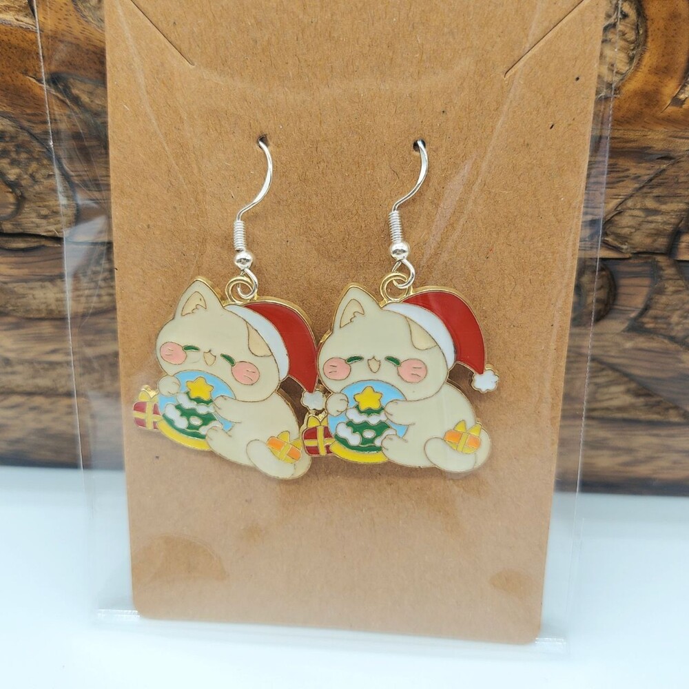 Cute Cat Earrings Christmas Earrings Hugging Snow Globe
